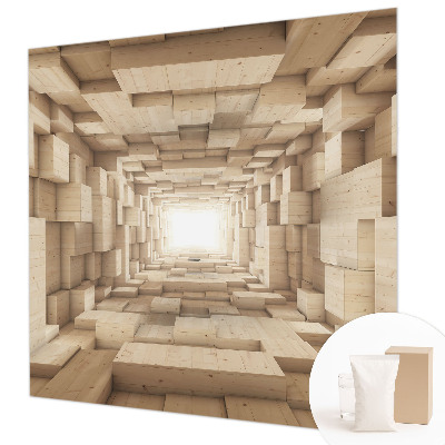 Large wallpaper mural featuring a wooden tunnel motif