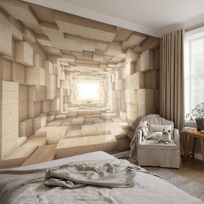 Large wallpaper mural featuring a wooden tunnel motif