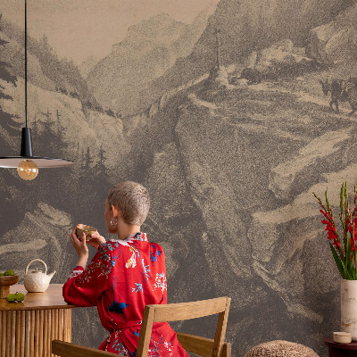 Large wall mural wallpaper with a picturesque mountain landscape