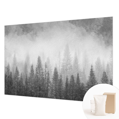Modern wall mural for living room featuring a foggy forest scene