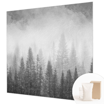 Modern wall mural for living room featuring a foggy forest scene