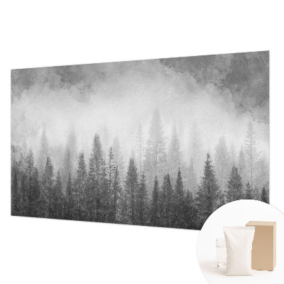 Modern wall mural for living room featuring a foggy forest scene