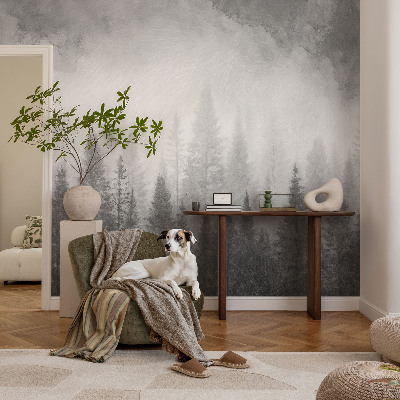 Modern wall mural for living room featuring a foggy forest scene