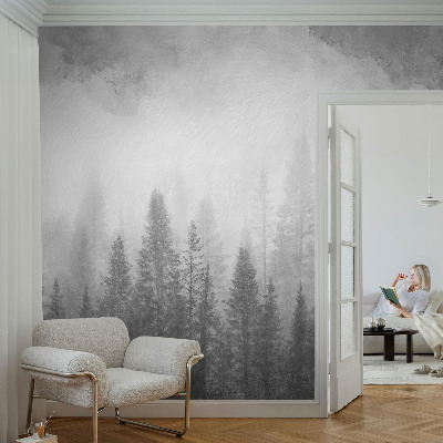 Modern wall mural for living room featuring a foggy forest scene