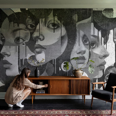 Non-woven photo wallpaper with a design featuring women's faces