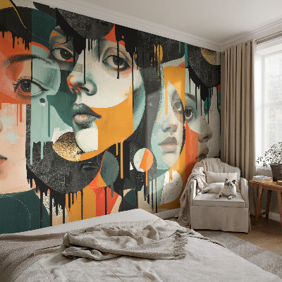 Wall mural with a colorful faces design