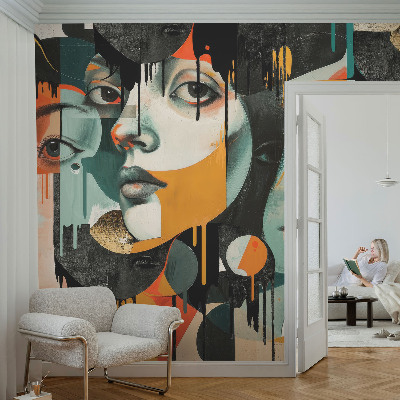 Wall mural with a colorful faces design
