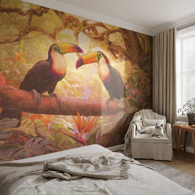 Bedroom wall mural wallpaper with a colorful toucan design