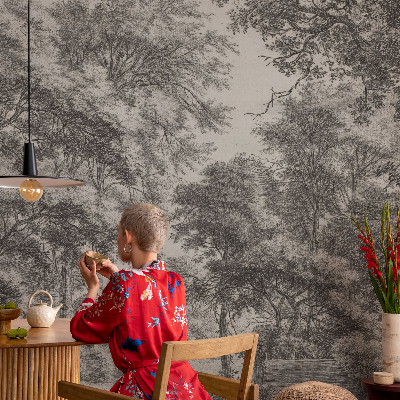 Non-woven wall mural with a forest scenery design