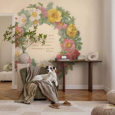 Non-woven photo wallpaper with a floral wreath design
