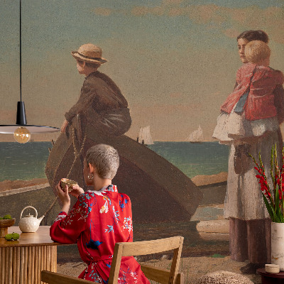 Decorative wall mural for living room featuring a seaside scene