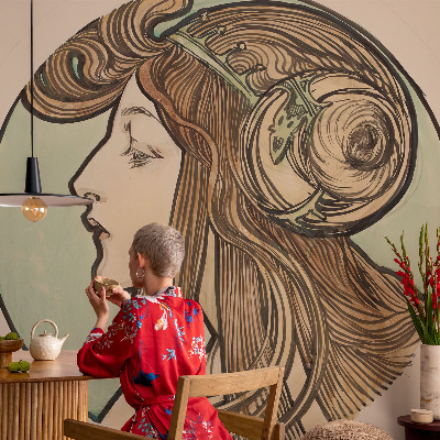 Large wallpaper mural featuring an Art Nouveau portrait