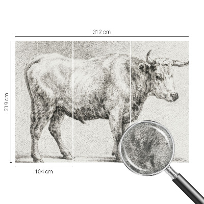 Wall mural for bedroom featuring a bull drawn in pencil style
