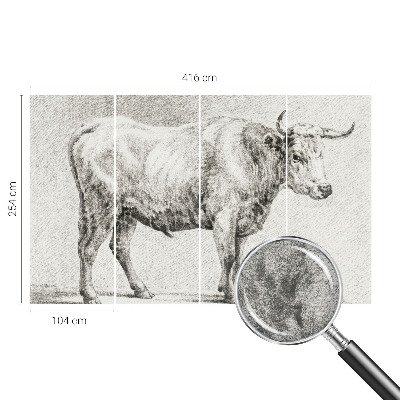 Wall mural for bedroom featuring a bull drawn in pencil style
