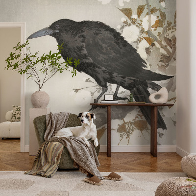 Bedroom wall mural wallpaper featuring a raven among flowers