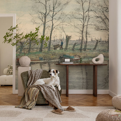 Modern wall mural for bedroom with a winter landscape motif