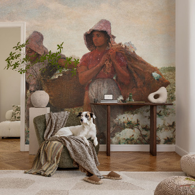 Premium wall mural for bedroom featuring a pastoral scene of people working in the field
