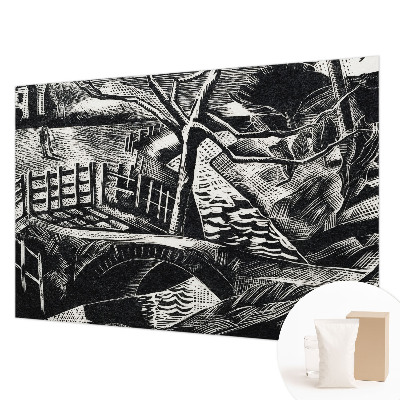 Wall mural for living room with an architectural landscape design