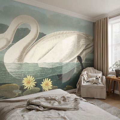 Modern wall mural with a swan and water lilies