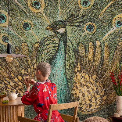 Modern wall mural with a majestic peacock design for the living room