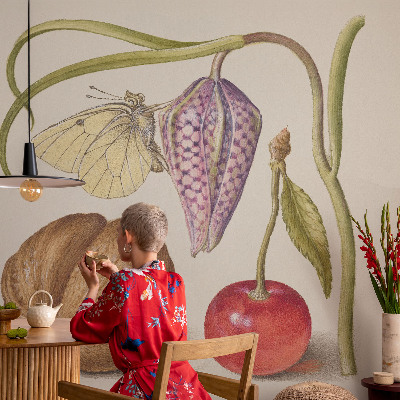 Non-woven photo wallpaper with a butterfly and plant motif