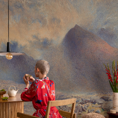 Decorative wall mural for living room with a mountain landscape design