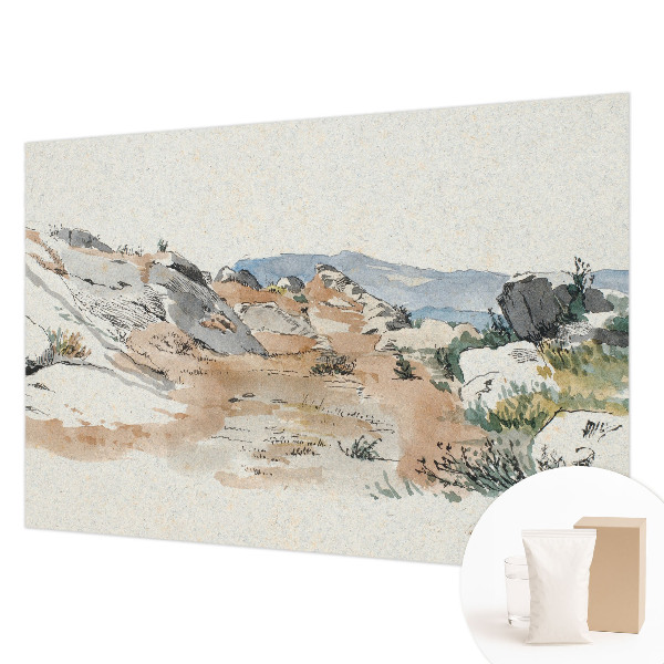 Large wallpaper mural featuring a rock landscape