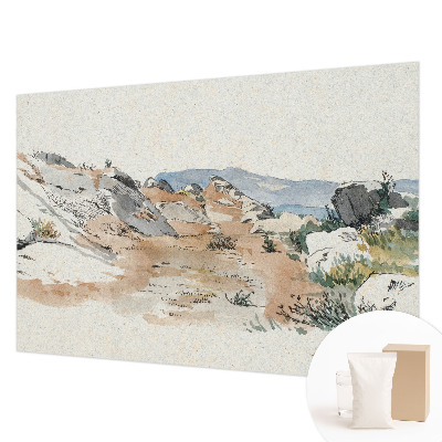 Large wallpaper mural featuring a rock landscape