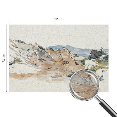 Large wallpaper mural featuring a rock landscape