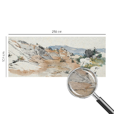Large wallpaper mural featuring a rock landscape