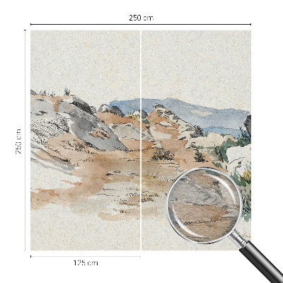Large wallpaper mural featuring a rock landscape
