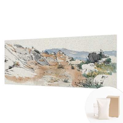 Large wallpaper mural featuring a rock landscape