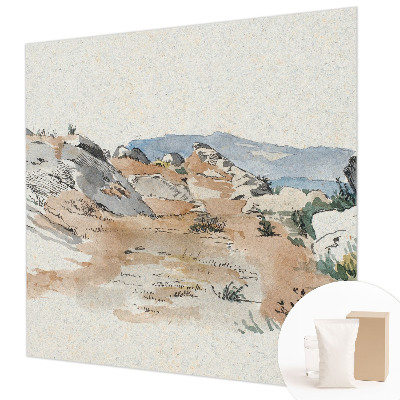 Large wallpaper mural featuring a rock landscape