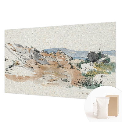 Large wallpaper mural featuring a rock landscape