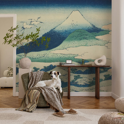 Wall mural for living room with a cranes and mountains design