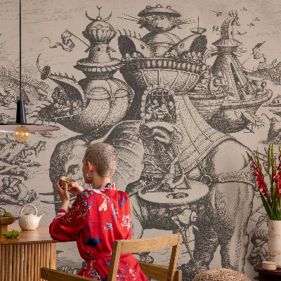 Wallpaper mural for living room featuring a grotesque battle scene