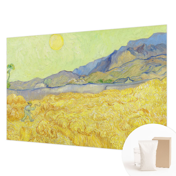 Large wall mural featuring a wheat field motif