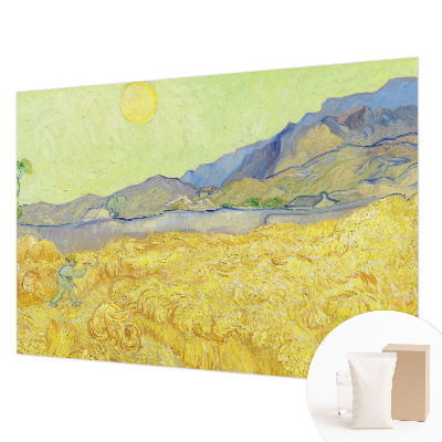 Large wall mural featuring a wheat field motif