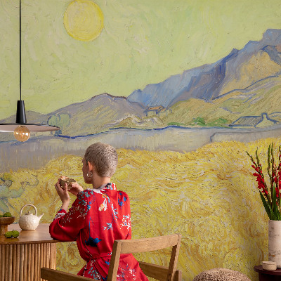 Large wall mural featuring a wheat field motif