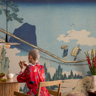 High quality wall mural wallpaper featuring a mountain bridge design
