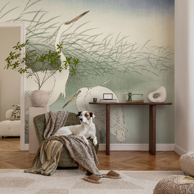 Wall mural for bedroom featuring herons in the grass