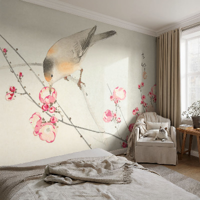 Wall mural for living room with a floral and bird motif
