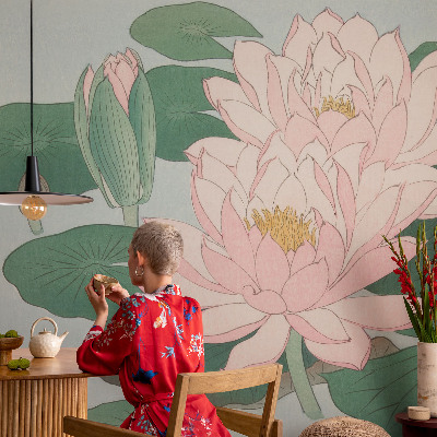 Wallpaper mural for living room featuring a water lotus design