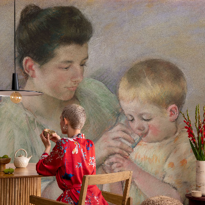 Non-woven wall mural with a parental care motif