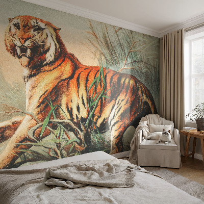 Bedroom wall mural wallpaper with a tiger in a natural landscape