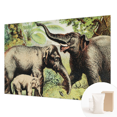 Wall mural for living room featuring a family of elephants