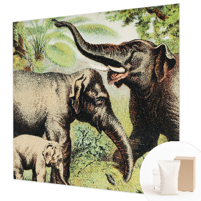 Wall mural for living room featuring a family of elephants