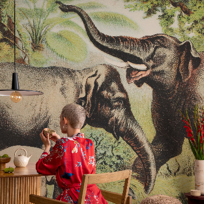 Wall mural for living room featuring a family of elephants
