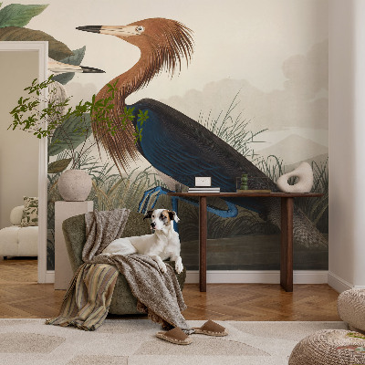 Wall mural with a design of birds among plants