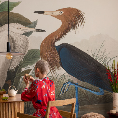 Wall mural with a design of birds among plants